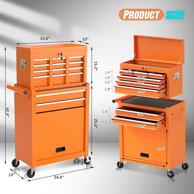 8-Drawer Rolling Tool Chest with Wheels, 2-in-1 Detachable Tool Box with Drawers and Large Cabinet, Rolling Tool Chest Storage Cabinet with Lockable for Warehouse, Garage, Workshop (Orange)