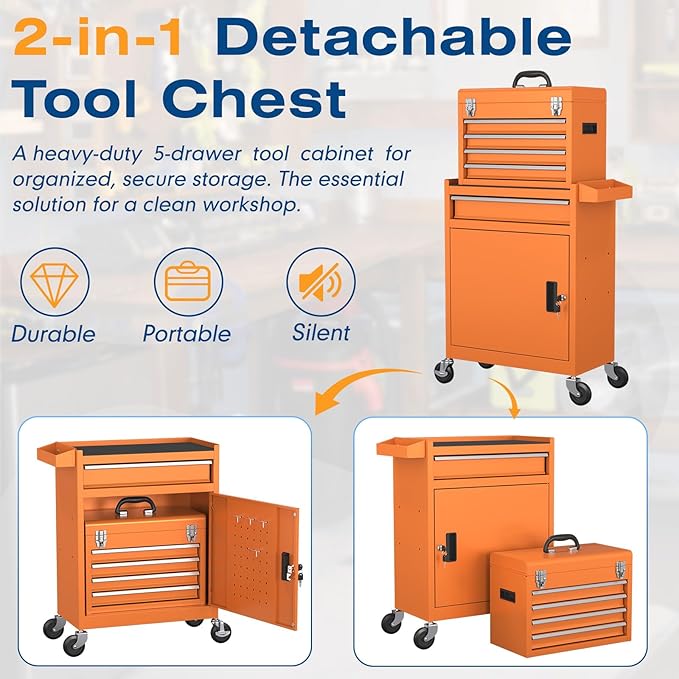 5-Drawer High Capacity Rolling Tool Chest, Removable Toolbox on Wheels Organizers, Lockable Tool Box Tool Storage Cabine with Drawers and Wheels for Workshop and Warehouse
