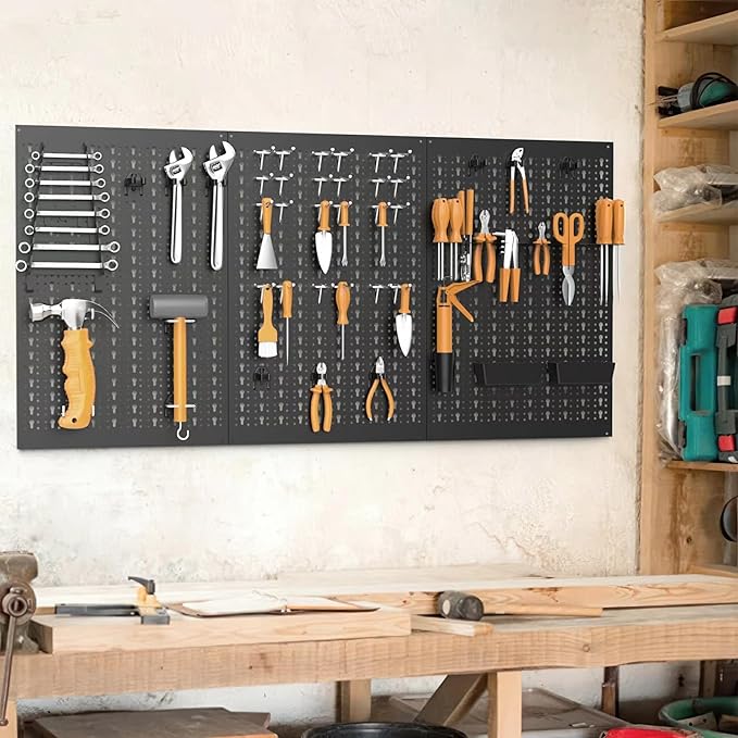 TORACK 3Pcs Metal Pegboard Panels for Garage Wall Utility Tools Storage Pegboard for Workbench, Modular Peg Board Tool Organizer Board Kit(Pack of 3, Black)