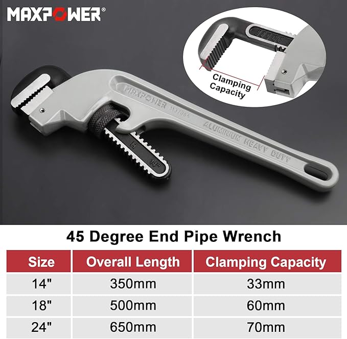 MAXPOWER 14-inch End Pipe Wrench, 45 Degree Aluminum Offset Pipe Wrench, Ideal for Pipe Working Close to The Wall