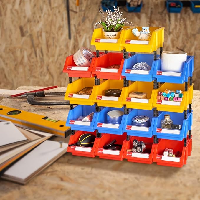 Small parts organizer hardware storage bins tool organizer plastic stackable storage bins for screws,bolts,drivers(Blue,Pack of 6)