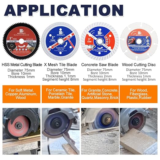 Diamond Saw Blades for Cutting Wood Metal Stones,4pcs 3inch（75mm） with Arbor10mm Dry/Wet Continuous Rim Diamond Cutting Disc for Granite Marble Stone Hard Concrete Reinforced Concrete