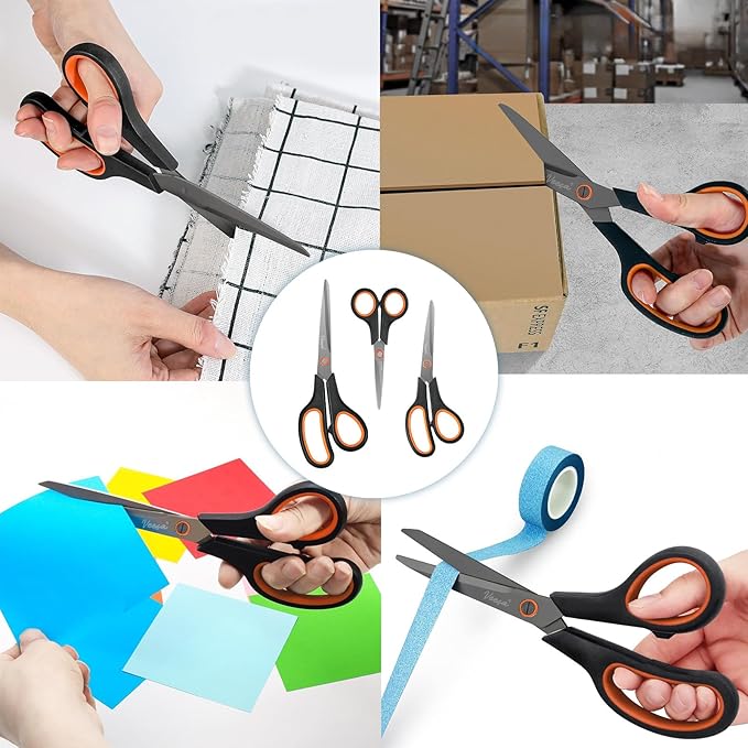 Scissors, 3-Pack Titanium Coated Non-Stick Scissors (8.5’’, 7.5’’, 5.5’’) - Premium All-Purpose Cutting Tools for Craft, Office & Home Use