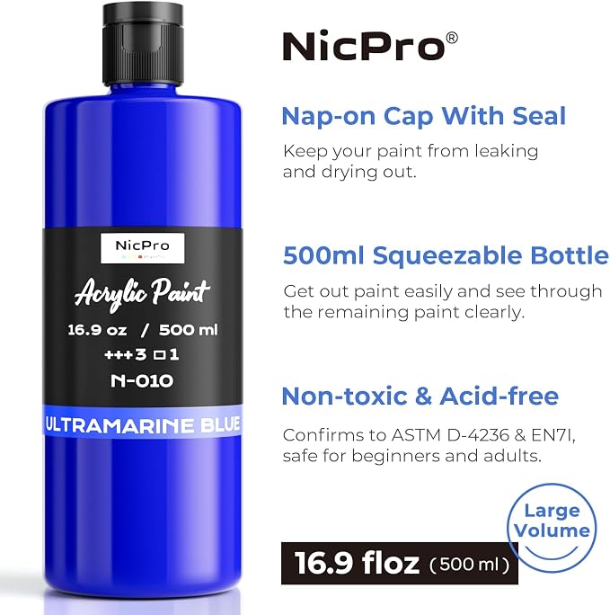 Nicpro Ultramarine Blue Large Acrylic Paint, Rich Pigments, Non Toxic Craft - Image 2