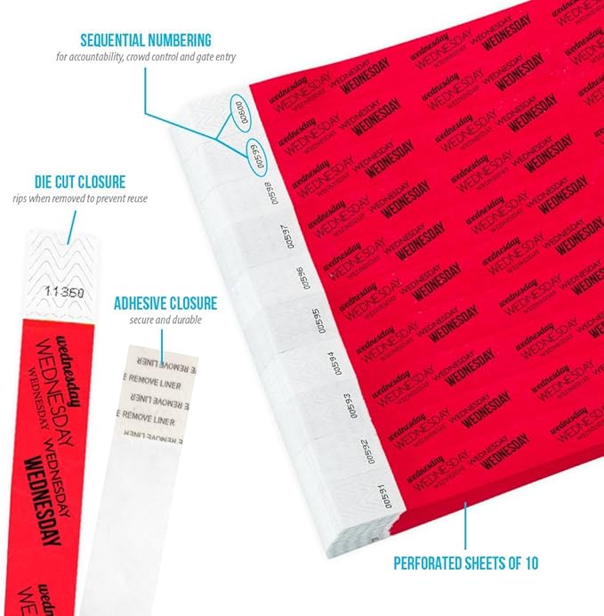 WristCo Wednesday Neon Red Tyvek Wristbands for Events - 500 Count ¾” x 10” - Waterproof Recyclable Comfortable Tear Resistant Paper Bracelets Wrist Bands for Concerts Festivals Admission Party