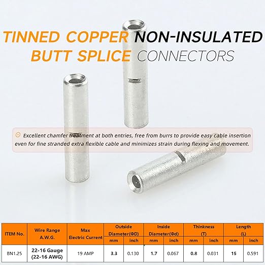 SVAAR 100PCS 22-16 Gauge Non Insulated Butt Connectors 22-16 AWG Uninsulated Butt Splice Connectors Crimp Repair Butt Splices Kit Tinned Copper Marine Grade Seamless Barrel Crimp Butt Splice Terminals