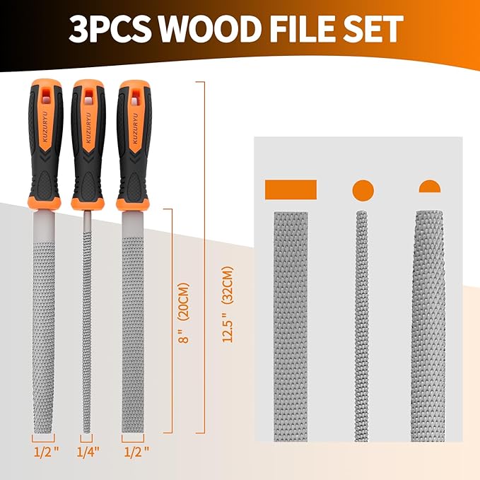 KUZURYU Woodworking Rasp Set – 3PCS Multi-Shape Precision Wood Files（Flat, Half-Round, Round） with Ergonomic Handles for Carpentry, DIY, and Wood Restoration