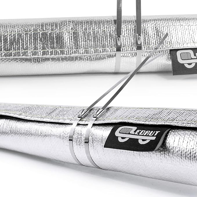 Heat Shroud Sleeve Aluminized 2 Pcs for Ultimate Heat Protection Hose Wire Shield 1-1/4''I.D. x 10FT, with 20 Pcs 7.8Inch Stainless Steel Cable Metal Zip Ties