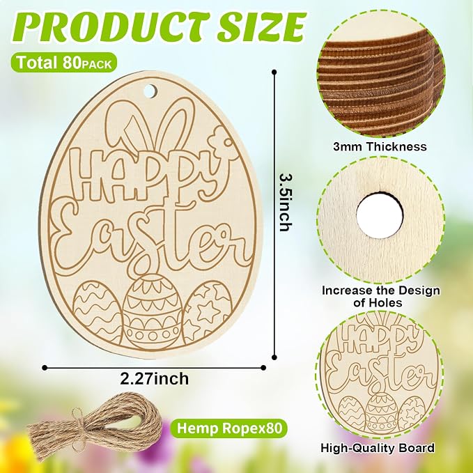 80PCS Wooden Easter Ornaments to Paint, 10 Styles DIY Blank Unfinished Wood Egg - Image 7