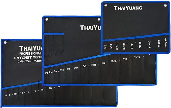 3-Pieces Roll Up Wrench Pouch Metric & SAE, Heavy Duty Canvas Tool Wrench Organizer Bag 9+13+14 Pockets (Only Pouch)