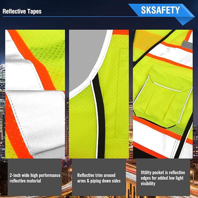 SKSAFETY 10 Pockets Professional level Safety Vest, Class 2 High Visibility Security Vest with Zipper, Hi Vis Vest with Reflective Strips, ANSI/ISEA Standard, Construction Work Vest（Lime Black, XL）