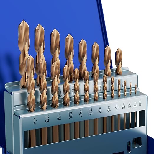 Cobalt Drill Bit Set, 21Pcs M35 High Speed Steel Jobber Length Drill Bit Kit for Hardened Metal, Stainless Steel, Cast Iron, Wood and Plastic, with Index Storage Case, 1/16"-3/8"