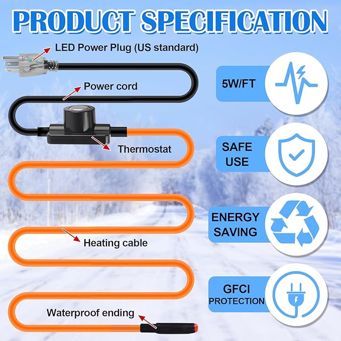 FANOVO Heat Tape for Water Pipes, 6ft Pipe Heat Tape with Thermostat, Self Regulating Heat Tape Cable, Freeze Protection Heating Cable Wrap for Water Pipes, Used for Metal Plastic Pipes and Roof RV