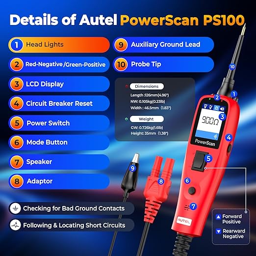 Autel PowerScan PS100 Automotive Circuit Tester 2.0, 12-24V Power Circuit Probe Tool, Auto Electrical Short Open Circuit Finder, AC/DC/Resistance/Component/Signal/Test Tool, w 20ft Extension Cable