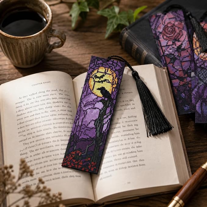 NEGEKFKX 5 Pcs Halloween Cross Stitch Bookmark Kit - Image 3
