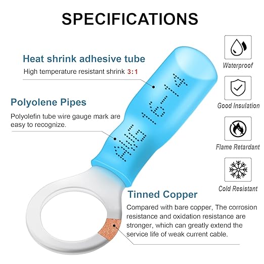 AutCreation 150PCS Heat Shrink Ring Terminals 5/16" Blue 16-14 AWG Marine Grade Electrical Wire Connectors, Tinned Red Copper Resistant Ring Connectors, Insulated Waterproof Crimp Terminals
