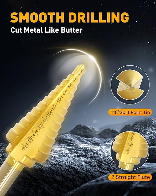 COMOWARE Step Drill Bit Set 5-Piece Titanium-Coated with Automatic Center Punch HSS- Covering 50 Sizes, Complete with Aluminum Case