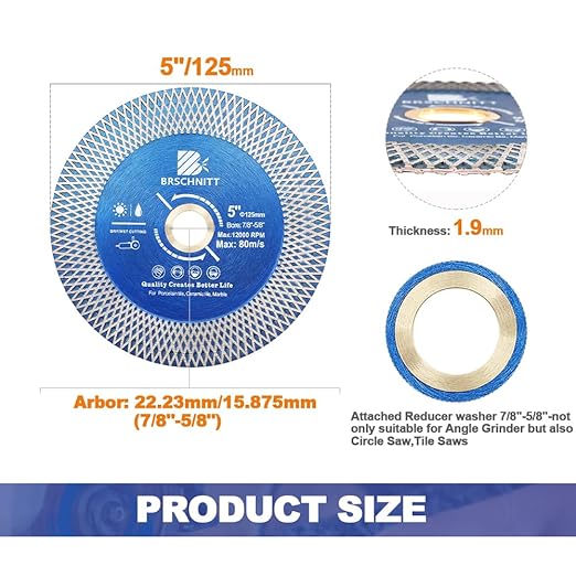 Diamond Porcelain Tile Saw Blade - BRSCHNITT 5" Super Thin Diamond Cutting Grinding Disc with X Teeth Arbor 7/8“-5/8“ for Ceramic Tiles,Granite,Marble Angle Grinder Circle Saw Blade