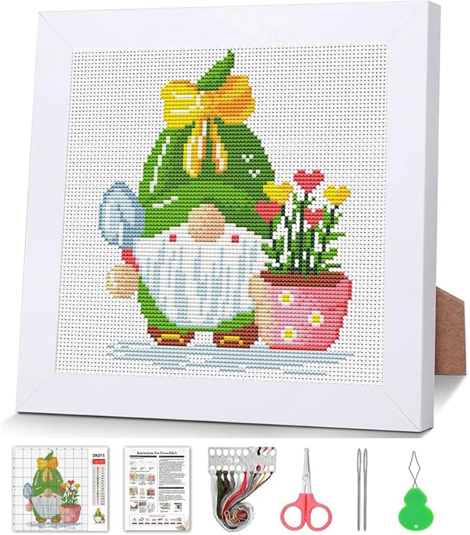 VIGEGU Gnome Cross Stitch Kits for Beginners, Flowers Stamped Cross Stitch for by VIGEGU