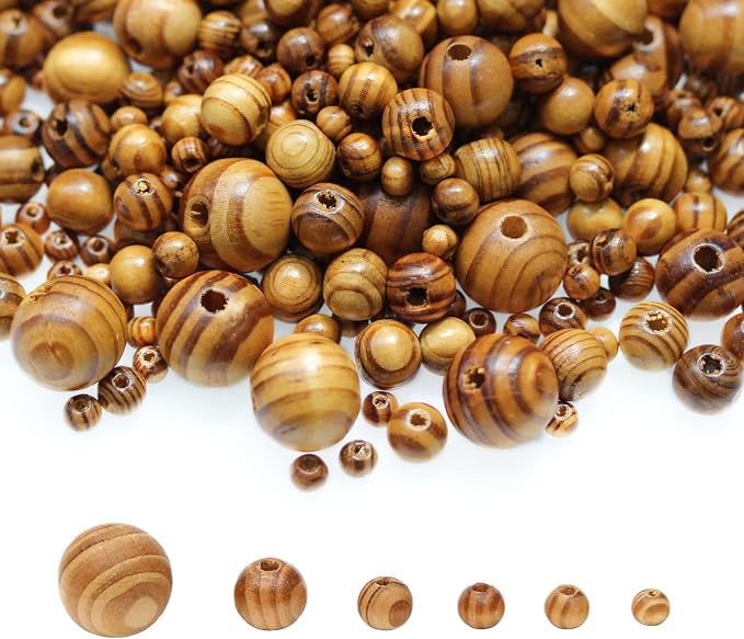 BetterJonny 600Pcs Natural Wood Round Beads, 6 Sizes Handmade Polished Spacer by BetterJonny