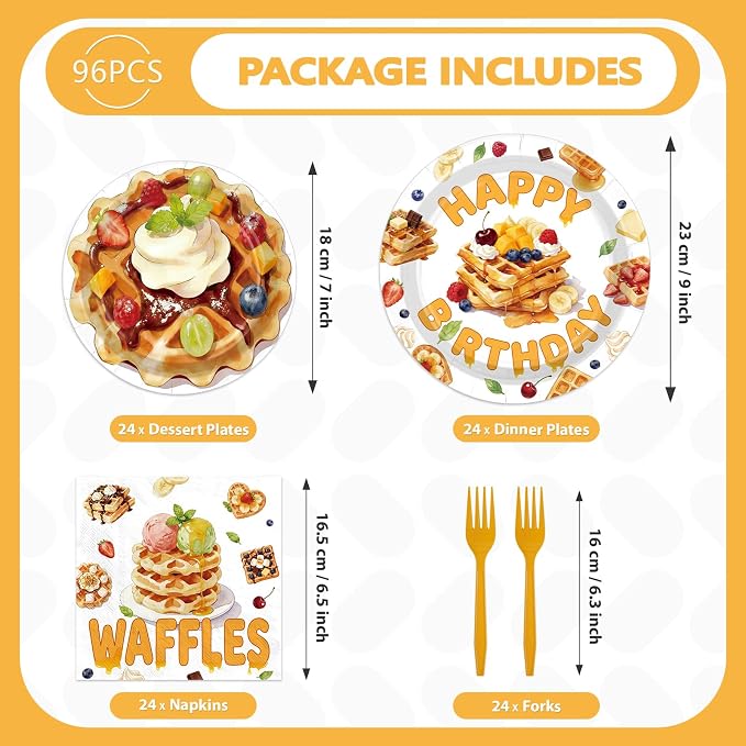 96Pcs Waffle Birthday Party Decoration Breakfast Brunch Bread Food Plates and - Image 5