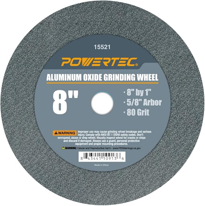POWERTEC Bench Grinder Wheel 8 Inch 80 Grit, Aluminum Oxide Grinding Wheel for Bench Pedestal Grinder, 1" Thick 5/8" Arbor, Sharpening & Shaping Drill Bits, Blade, and Chisel 1PK (15521)