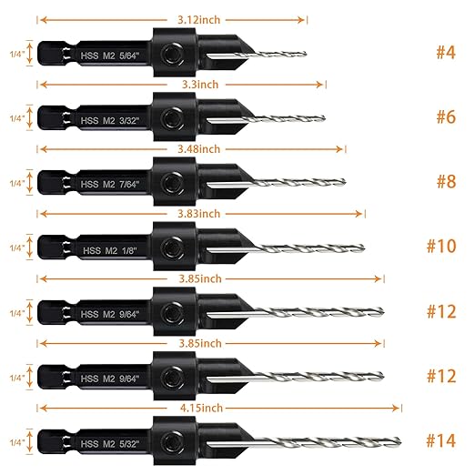 Countersink Drill Bit Set, 7-Piece Woodworking M2 Countersink Drill Bits for #4, 6, 8, 10, 12, 14 Screws, 82-Degree Chamfer, ¼” Hex Shank, 2 Allen Wrenches, HSS Drill Bits Detachable Depth Adjustable