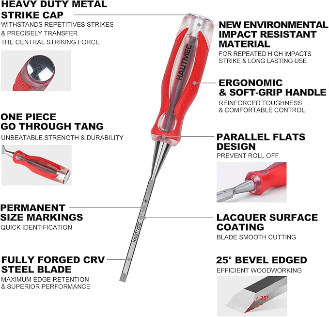 HAUTMEC 1/4" Wood Chisel – High-Impact Drop-Forged CRV Steel, Fully Polished Beveled Edge Blades, Heavy-Duty Strike Cap & Extended Anti-Skid Handle – HT0359