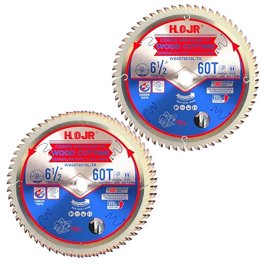 2-Pack 6-1/2" 60-Tooth 5/8" Arbor Woodworking Circular Saw Blade,Ultra Finish/General Purpose,Special Anti-Thermal Adhesion Coating on Cutting Edge-TA,High Finish, Long Life,6-1/2" 60T 5/8"
