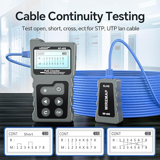 NOYAFA NF-488 POE Cable Tester for Power Over Ethernet, Network Cable Continuity Checking, Switch Loop-Back POE Detector