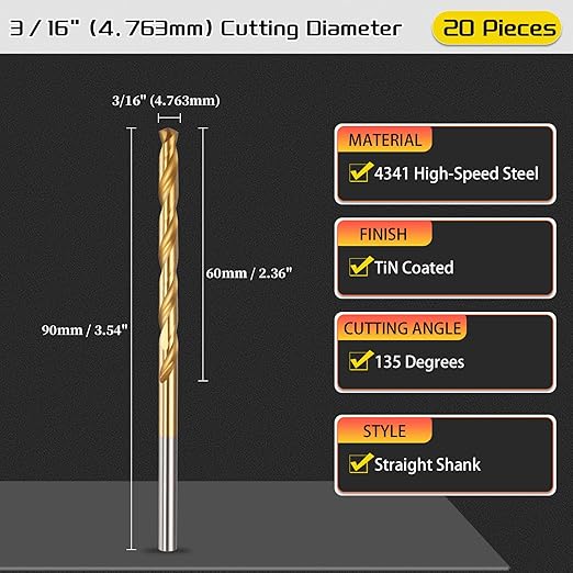 Drill Bit, 3/16" Cutting Diameter, 4341 HSS TiN Coated 135° Cutting Angle Jobber Bits - (Applications: for Drilling Soft Metal Plastic Wood), 20-Pieces