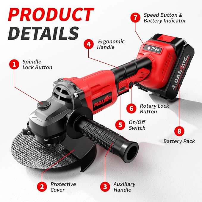 Cordless Angle Grinder 4-1/2 inch, Power Angle Grinder with 2x4.0Ah Battery, 10000 RPM Brushless Metal Grinder with Cutting Wheels, Electric Grinder Tool for Wood Metal Cutting & Grinding