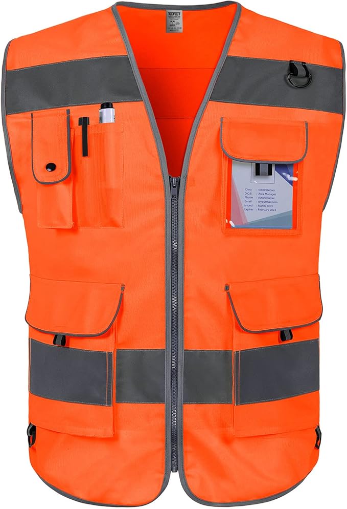 TCCFCCT Hi Vis Vest 9 Pockets High Visibility Reflective Safety Vest for Men Women, Safety Construction Vest with Reflective Strips, Meets ANSI/ISEA Standards, (Orange, Medium)