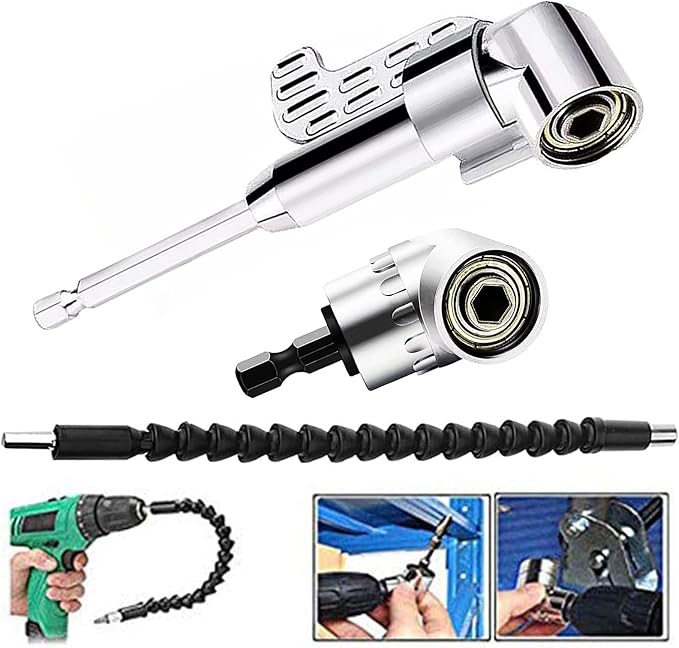 105 Degree Right Angle Driver Angle Extension Power Screwdriver Drill Attachment with 1/4 Drive 6mm Hex Bit Magnetic Drill Bit Socket Angled Bit Power Drill Tool and Soft Shaft