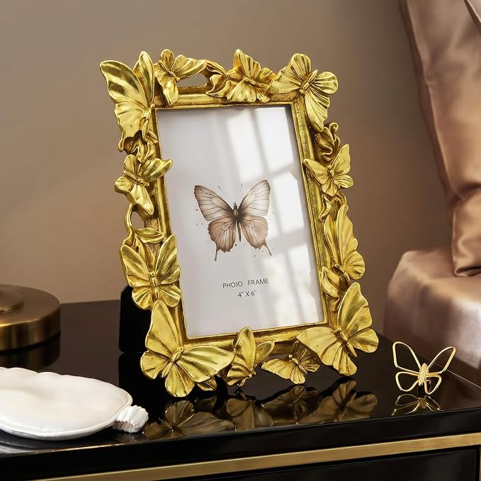 Cuspin 4x6 Gold Picture Frame, Ornate Butterfly Decorative Photo Frame - Image 2