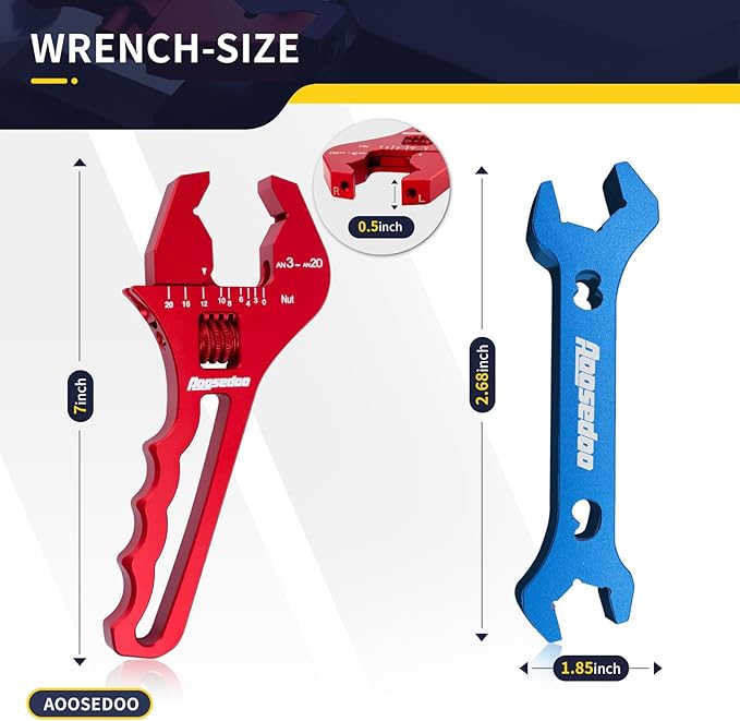 3AN-20AN AN Fitting Wrench AN Fitting Tool for AN Hose Fitting Assembly Adjustable Lightweight Aluminum Red With 6AN-AN8 Double-ended AN Wrench Blue