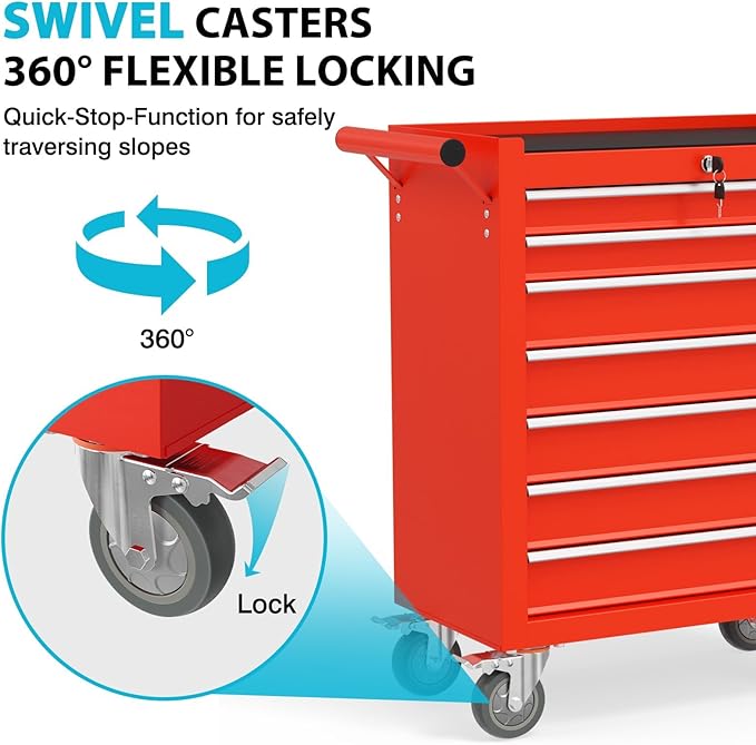 7 Drawers Rolling Tool Chest, Portable Storage Tool Box with Wheels, Tool Chest with Lock for Warehouse, Garage, Repair Shop and Tool Room