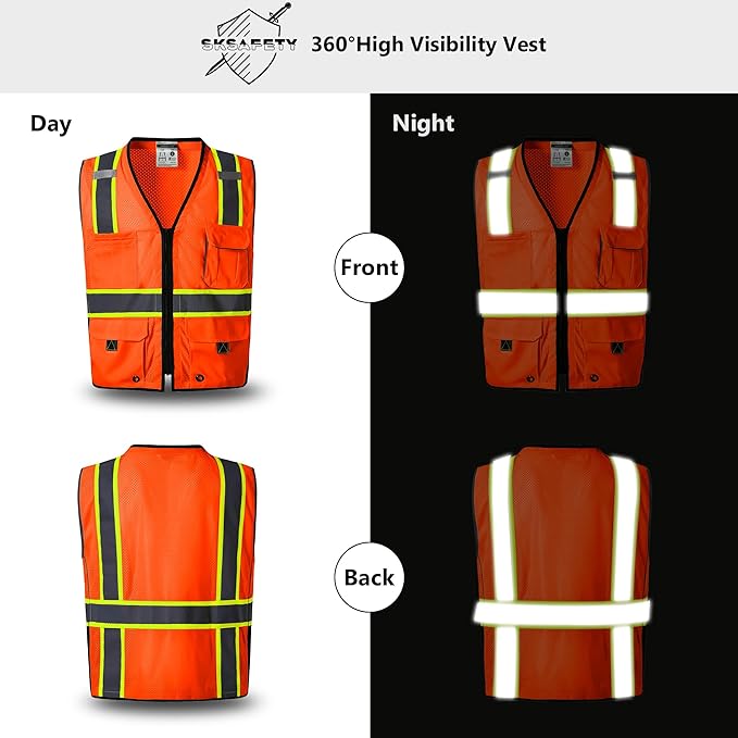 SKSAFETY 10 Pockets Professional Level Safety Vest - Class 2 High Visibility Vest with Zipper, ANSI/ISEA Standard - Construction Work Vest (Orange, M)
