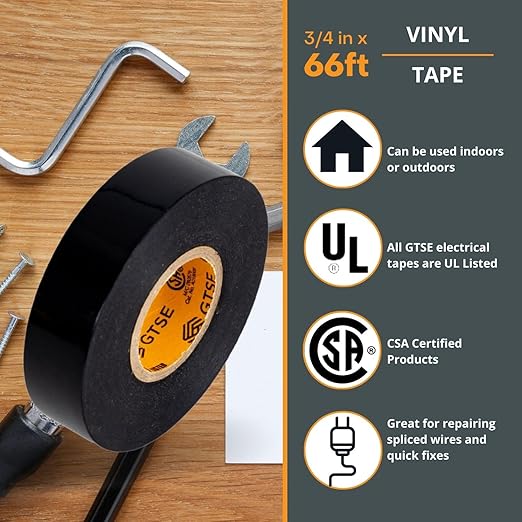 GTSE Black Electrical Tape, 120 Rolls Bulk Box – Waterproof, Industrial Grade Vinyl, 3/4 in x 66ft– Strong Self-Adhesive PVC Electric Tape for Wire Insulation, 7 Mil, 600V – UL/CSA Listed
