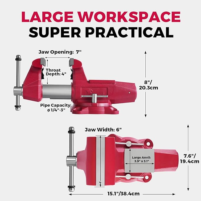 Forward Round Bench Vise 6 Inch Heavy Duty, 1760 Economic Industrial Vice with 360° Swivel Base, 6" Jaw Width, 7" Max Jaw Opening, 4" Throat Depth 72,000PSI Ductile Iron
