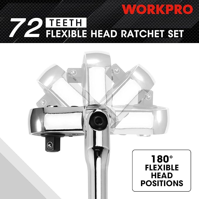 WORKPRO 4-Piece Flex Head Ratchet Set, 1/4", 3/8", 1/2" Drive, 3/8" Stubby, 72-Tooth Ratchet with Chromium Plating Quick Release Reversible Design, 5 Degree Swing