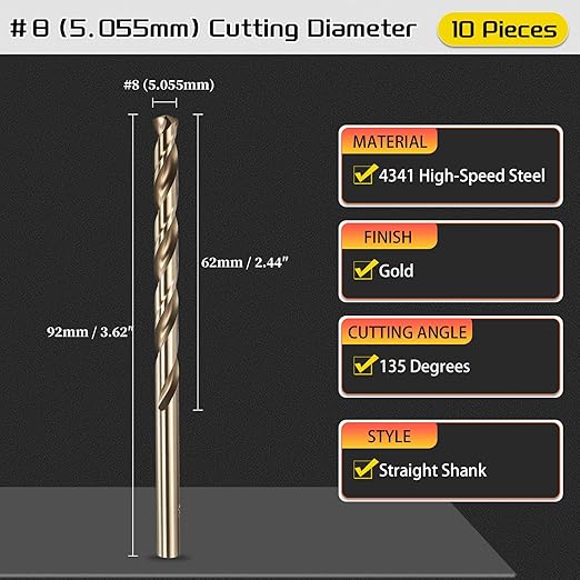 Drill Bit, #8 Cutting Diameter, 4341 HSS Gold Finish 135° Cutting Angle Number Jobber Bits - (Applications: for Drilling Soft Metal Plastic Wood), 10-Pieces