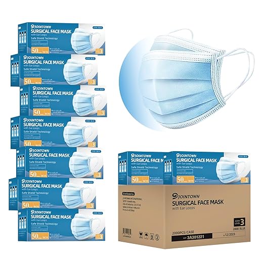 Jointown Disposable Face Masks, ASTM Level 3 Surgical Mask with 3 Ply Protection & Elastic Earloop, 2000 Pack Blue
