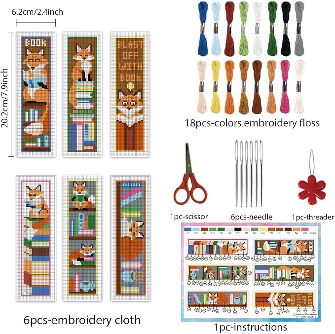 INFUNLY 6 Set Fox Reading Cross Stitch Bookmark Kit DIY Cross Stitch Kit - Image 2