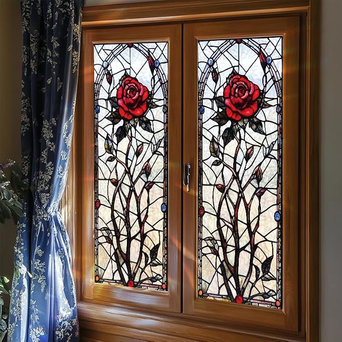Gothic Rose Stained Glass Window Film 17.71x39.97 Inch Red Flower Static Cling - Image 6