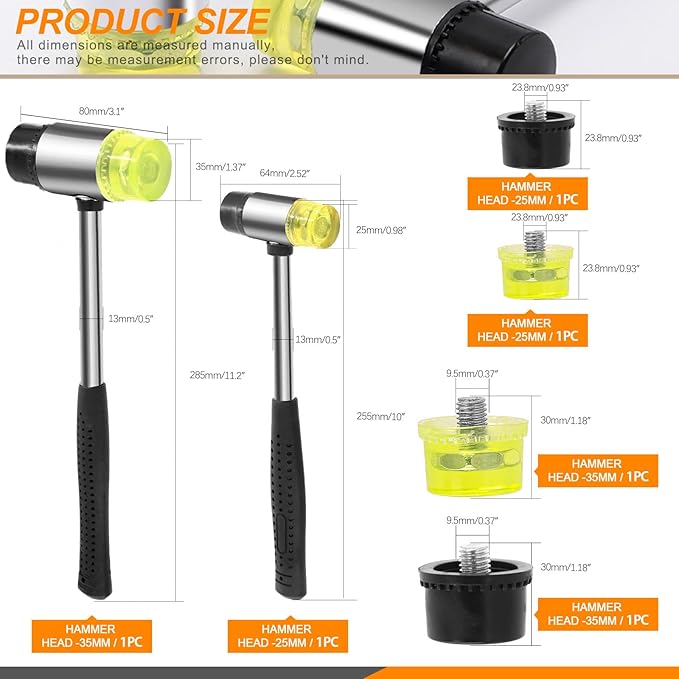 6Pcs 2 Pack 25mm 35mm Double Faced Plastic and Rubber Hammer Mallet Set Double Head Small Mallet Jewelry Hammer W 4Pcs Replacement Heads Nylon Hammer Tool for Jewelry Leather Crafts Flooring