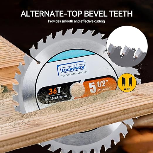 Luckyway 2-Pack 5-1/2 Inch 36T with 5/8 Inch Arbor TCT Circular Saw Blade Finishing and Trimming Saw Blade, Cordless Trim Saw Blade for Cutting Wood(1/2-Inch and 10-mm Reducer Bushings Include)