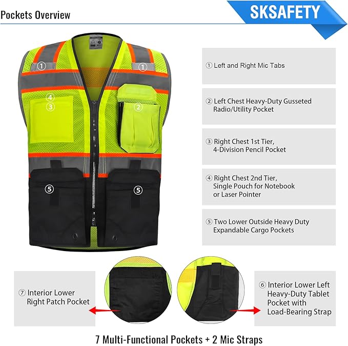 SKSAFETY 10 Pockets Hi Vis Safety Vest with Reflective Strips, ANSI/ISEA Standard, Class 2 High Vis Security Vest (Lime Black, M)