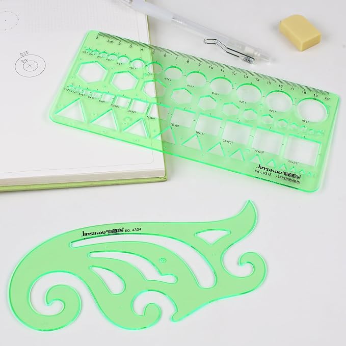 15PCS Geometric Drawings Templates, Transparent Green Plastic Ruler, Drafting - Image 6