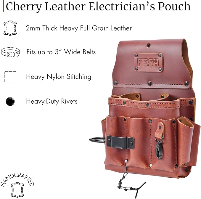 FESA Leather Electrician Tool Pouch - 13-in-1 Top Grain Leather Electrician Pouch w/Steel Hammer Loop, Tape Measure Clip, Tape T-Chain & 6 Pockets - Fits Belts up to 3" - Handcrafted